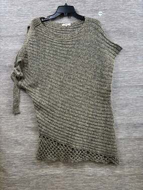 HENDI Knit Tunic Sweater Womens Size M/L Brown Open Crochet Hem Short Sleeve